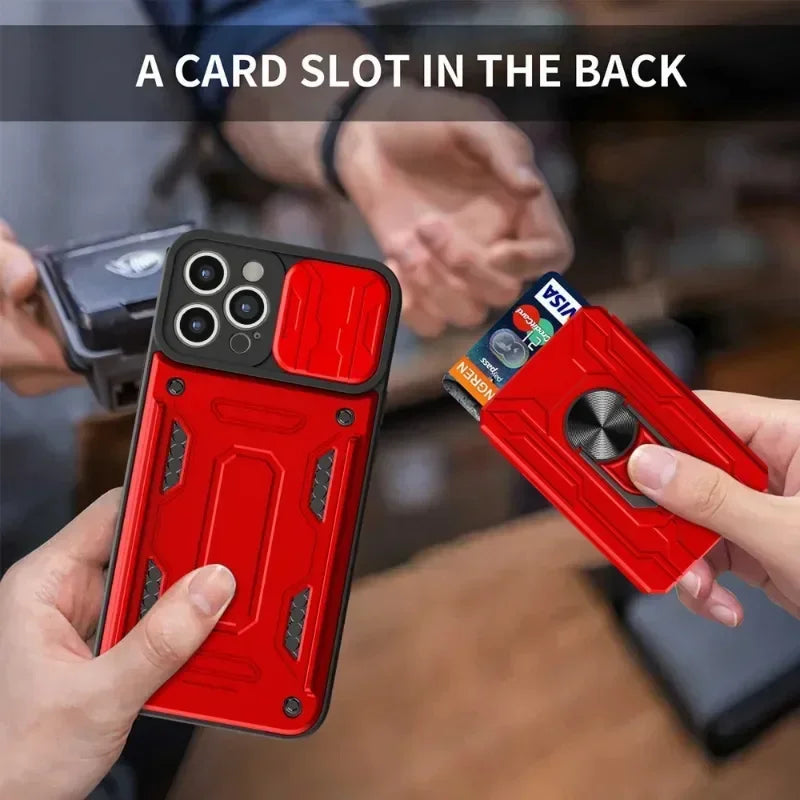 Luxury Shockproof Case For iPhone 17 16 15 14 13 Pro Max 12 11 XR X 8 7 Plus SE2/SE3 Rotation Metal Ring Stand And Card Slot