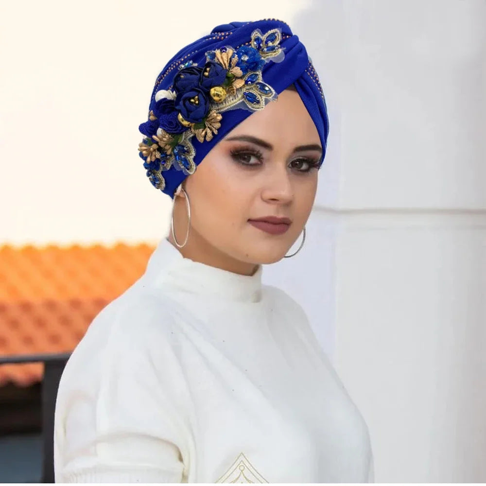 Diamonds Flower Women's Turban Cap African Head Wraps Nigeria Wedding Party Headpiece Female Headwear Twisted Headsarf Hat