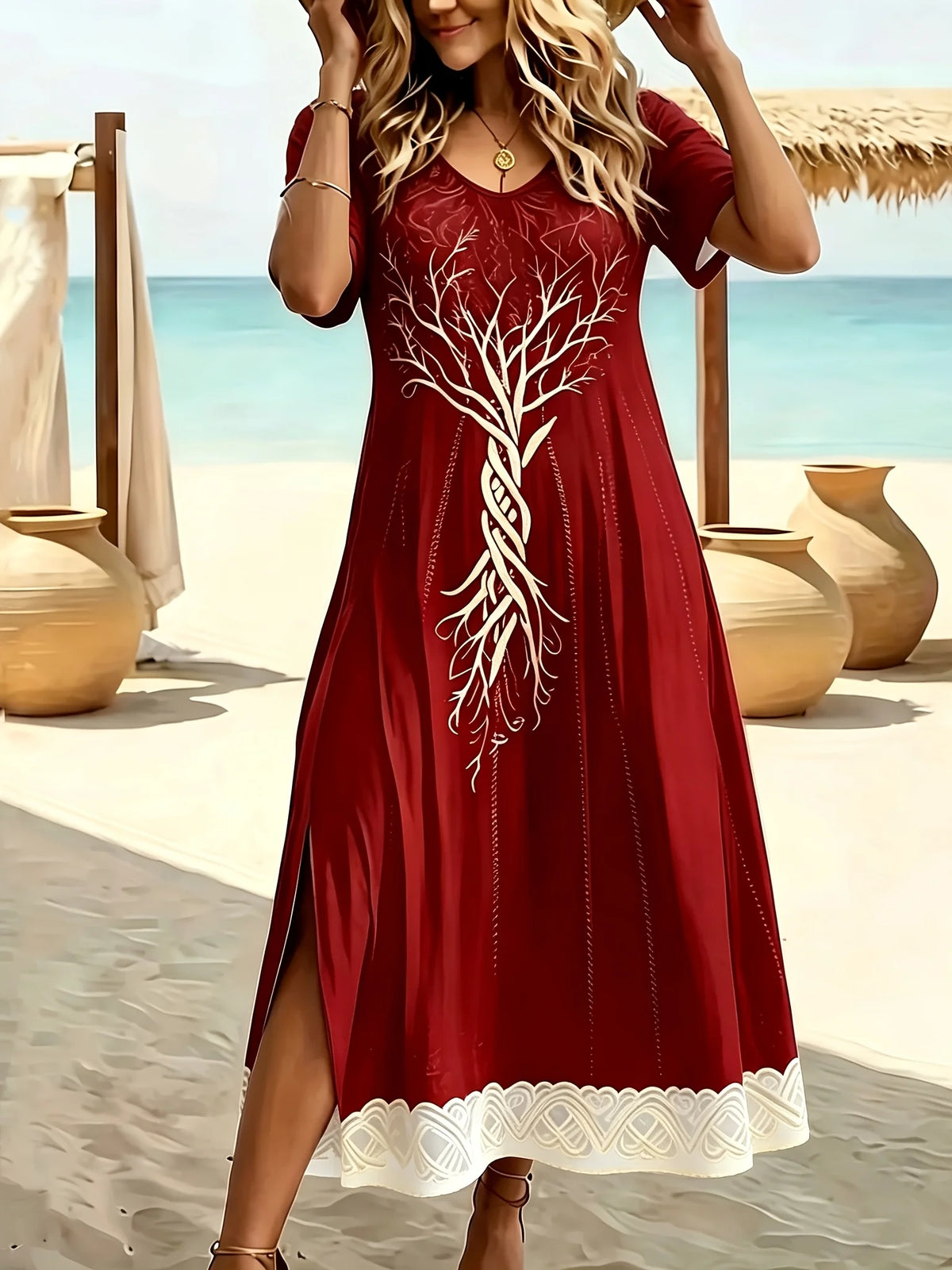 Elegant Summer Plus Size V-Neck Butterfly Print Dress - Split Hem Short Sleeve Women's Fashion