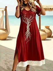 Elegant Summer Plus Size V-Neck Butterfly Print Dress - Split Hem Short Sleeve Women's Fashion