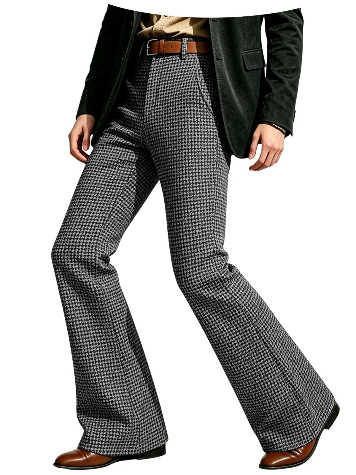 Houndstooth Patten Men Bell Bottom Pants Vintage Adjustable Waist Flared Trousers 60s70s Disco Man Slim Fit Pant For Dance Party