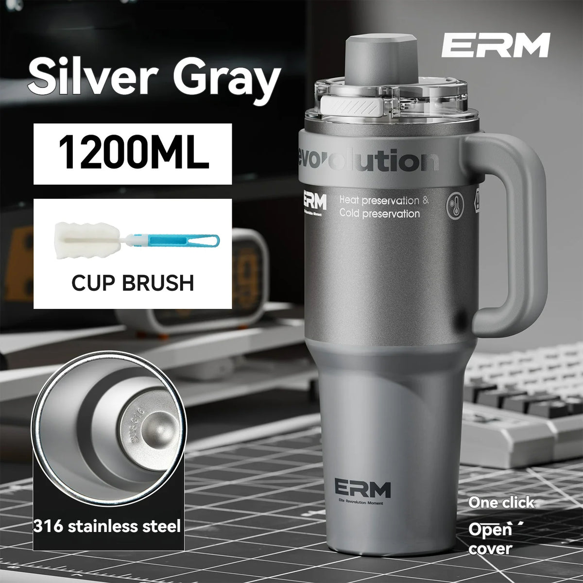 Handled Vacuum-Insulated Tumbler — 1200ml, Steel or Ceramic-Lined