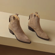 New 2025 Trend Autumn Cow Suede Women Western Boots Black Brown Khaki Chocolate Green Burgundy Pointed Toe Ladies Ankle Boots