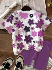 Kids Girls 2-Piece Purple Floral Print Short Sleeve T-shirt & High Waist Biker Shorts Set Summer Casual Daily School Outfit