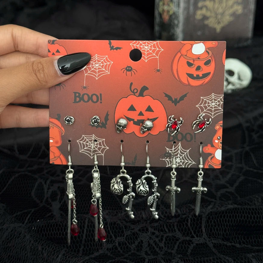 Ingemark 6Pairs/Set Halloween Red Crystal Skull Spider Metal Drop Earrings for Women Goth Cross Rose Piercing Earrings Jewelry