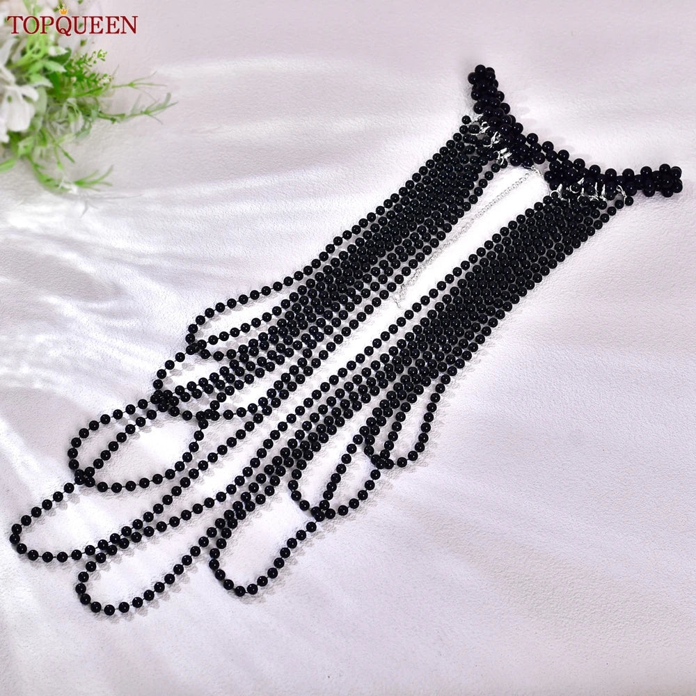 TOPQUEEN Vintage Faux Pearl Tassel Shoulder Chain Bikini Top Beach Sheath and Party Dress Accessories Adjustable Length SG62