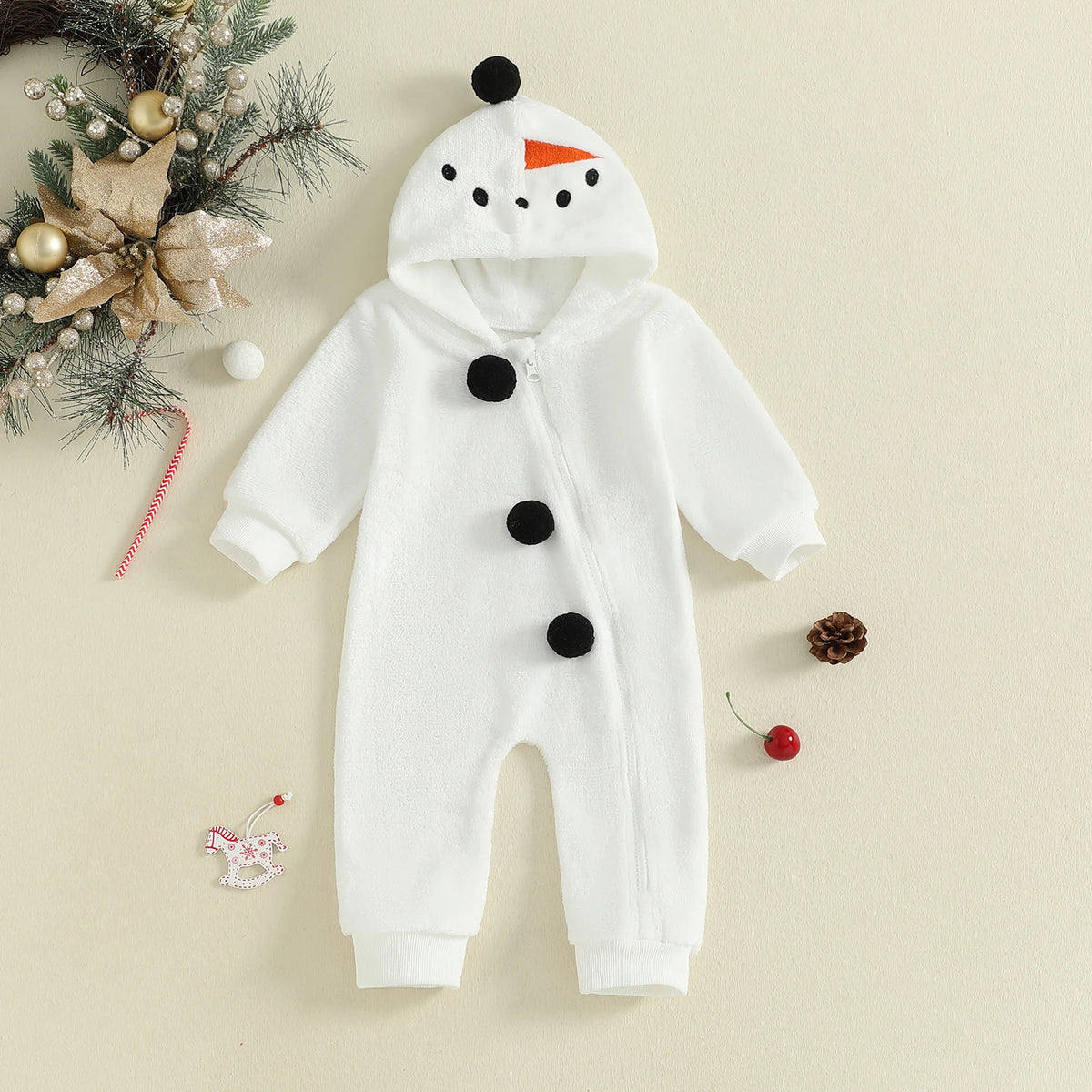 0-3Y Infant White Fleece Jumpsuit Long Sleeve Zipper Open Front Hoode Rompers Christmas Snowman Baby Outfits
