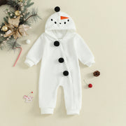 0-3Y Infant White Fleece Jumpsuit Long Sleeve Zipper Open Front Hoode Rompers Christmas Snowman Baby Outfits