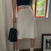 Deeptown Elegant White Women Satin Skirt Fairycore Ruffle Mid Skirts Coquette A-line Basic Casual Korean Style Summer Silk Skirt