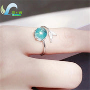 Mermaid Theme Adjustable Open Ring Blue Crystal Fish Tail Korean Minimalist Forest Style Stackable Finger Jewelry for Women Girl
