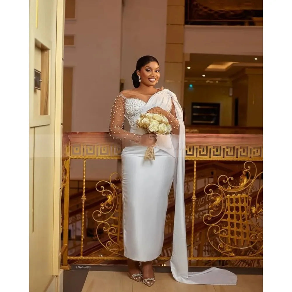 Pearls Civil Mermaid Wedding Dresses Sheer Neck Long Sleeve Lace Up Straight Ankle Length Africa Bridal Gowns Customized