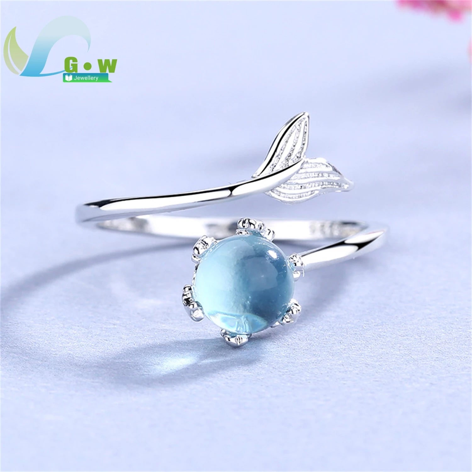 Mermaid Theme Adjustable Open Ring Blue Crystal Fish Tail Korean Minimalist Forest Style Stackable Finger Jewelry for Women Girl