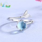 Mermaid Theme Adjustable Open Ring Blue Crystal Fish Tail Korean Minimalist Forest Style Stackable Finger Jewelry for Women Girl