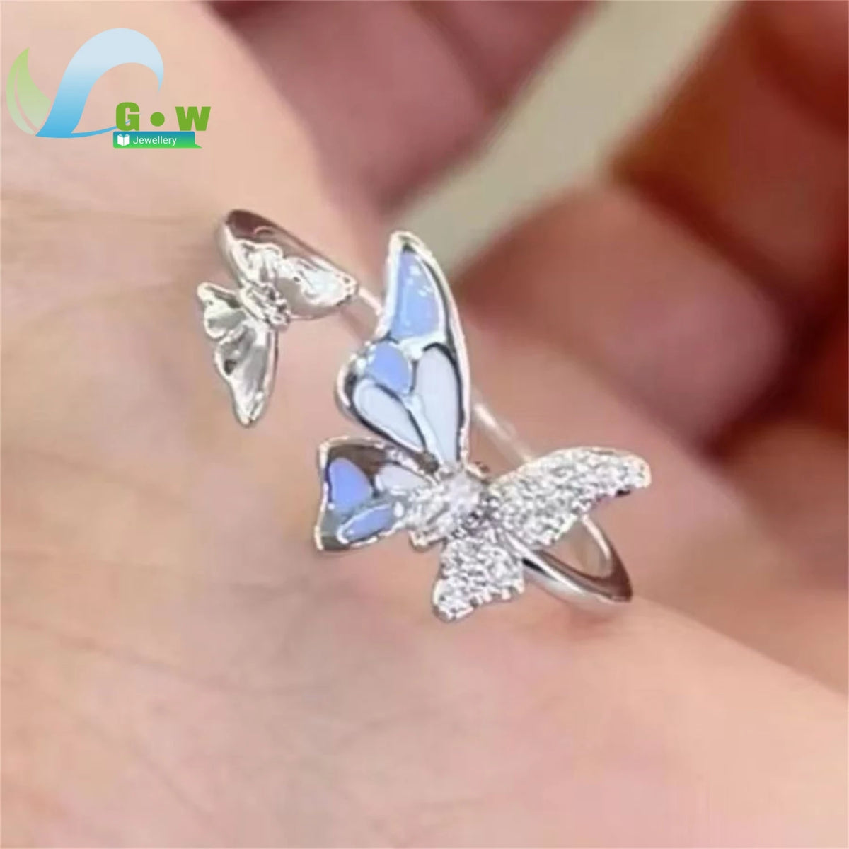 Mermaid Theme Adjustable Open Ring Blue Crystal Fish Tail Korean Minimalist Forest Style Stackable Finger Jewelry for Women Girl
