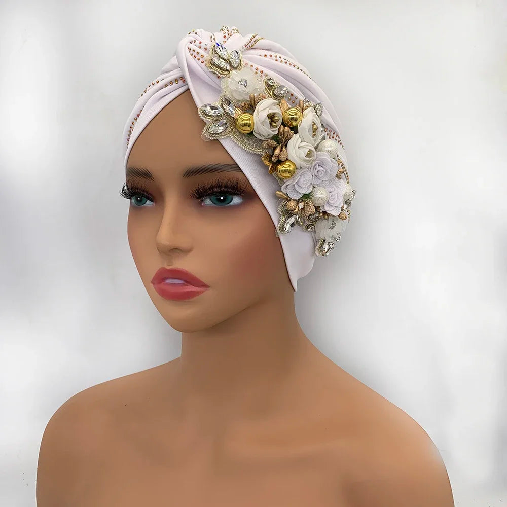 Diamonds Flower Women's Turban Cap African Head Wraps Nigeria Wedding Party Headpiece Female Headwear Twisted Headsarf Hat