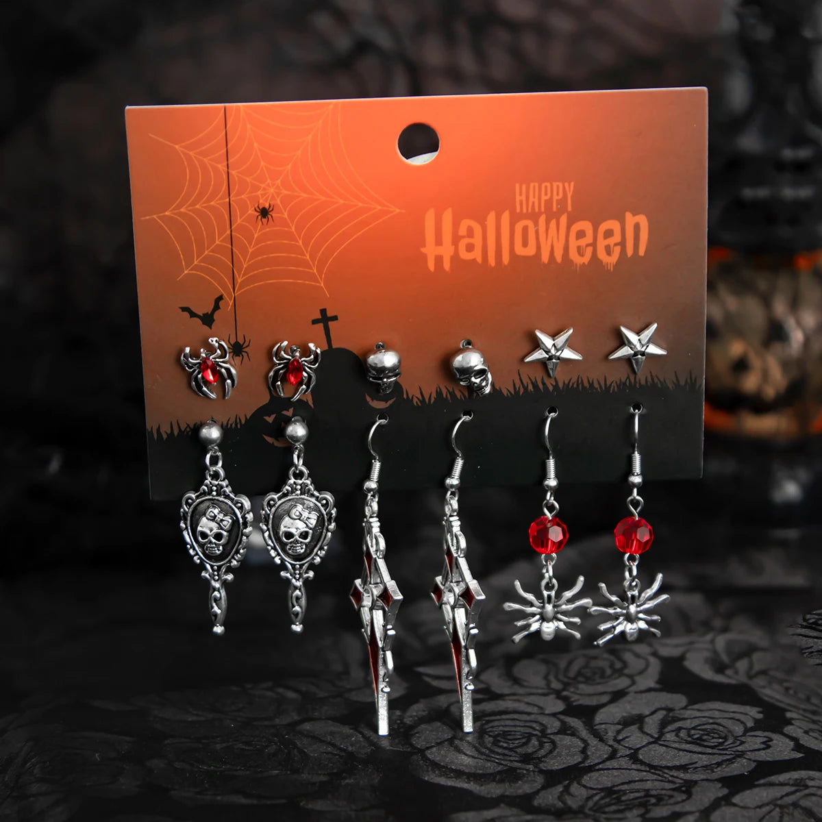 Ingemark 6Pairs/Set Halloween Red Crystal Skull Spider Metal Drop Earrings for Women Goth Cross Rose Piercing Earrings Jewelry