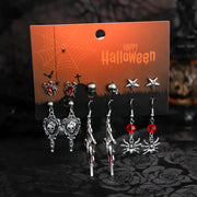 Ingemark 6Pairs/Set Halloween Red Crystal Skull Spider Metal Drop Earrings for Women Goth Cross Rose Piercing Earrings Jewelry
