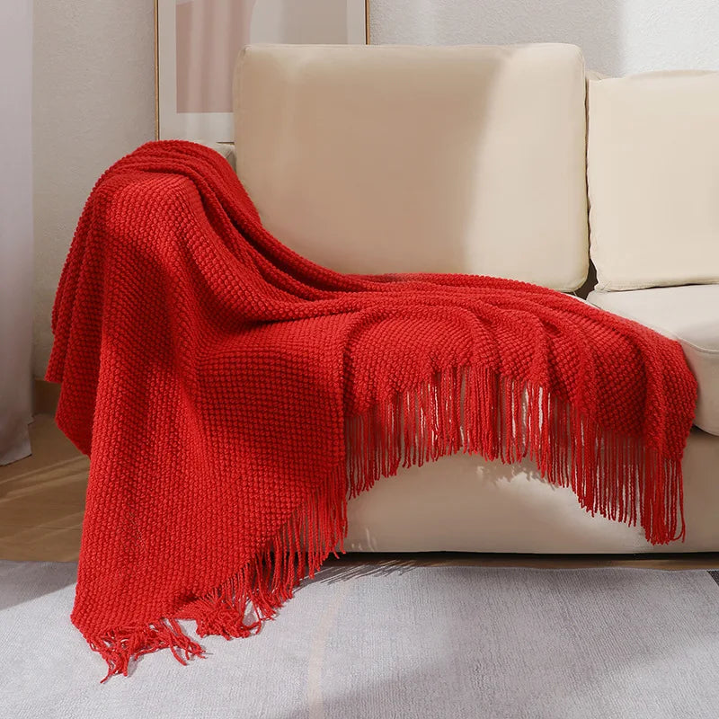 Acrylic Knit Throw Blanket with Tassels — Solid Colors, Three Sizes