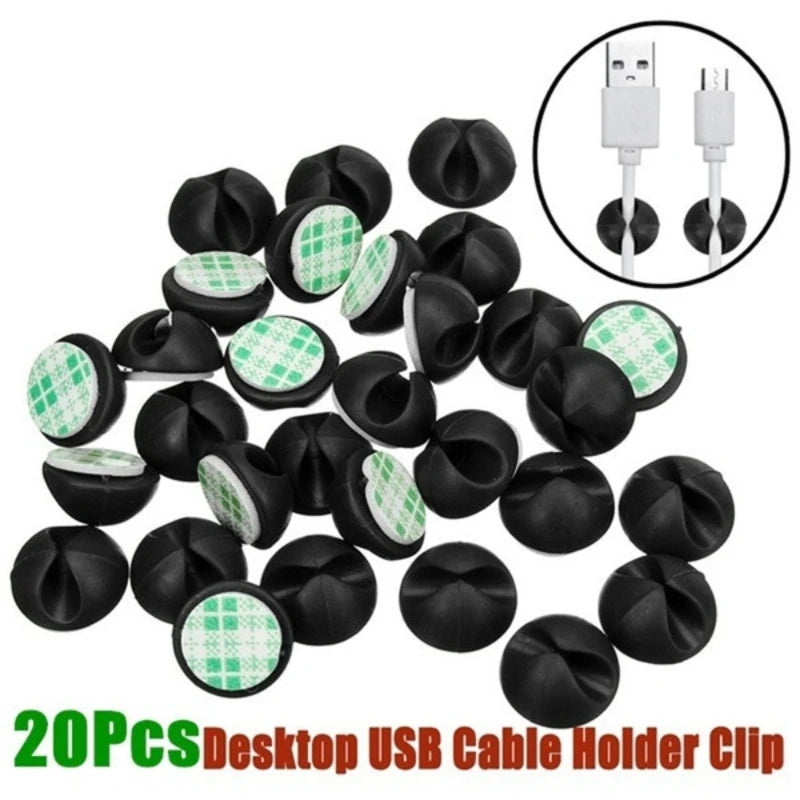 Black Adhesive Cable Clips for Desk Organization — 10 or 20 Pieces