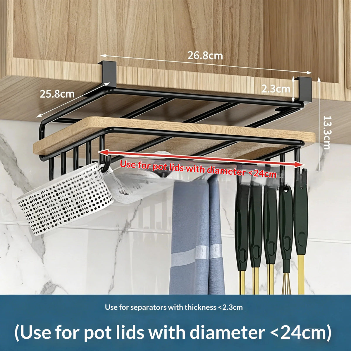 Steel Under-Cabinet Kitchen Organizer Rack — Hanging Rails and Hooks