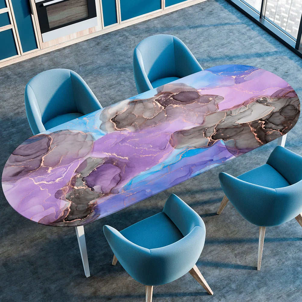 Marble Textured Printed Oval Tablecloth, Marble Style Tablecloth with Elastic Band and Edge Closure, Oval Table Cover