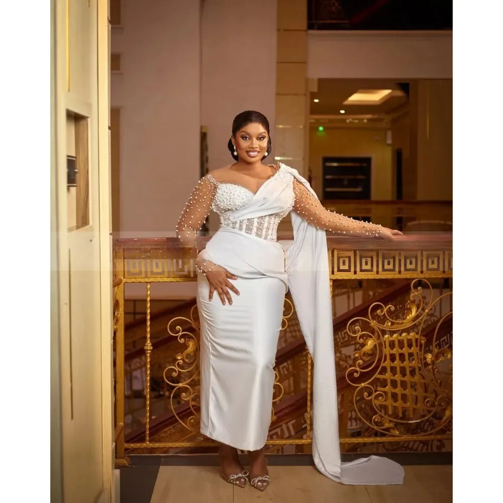 Pearls Civil Mermaid Wedding Dresses Sheer Neck Long Sleeve Lace Up Straight Ankle Length Africa Bridal Gowns Customized
