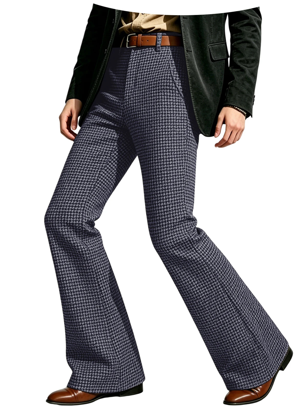 Houndstooth Patten Men Bell Bottom Pants Vintage Adjustable Waist Flared Trousers 60s70s Disco Man Slim Fit Pant For Dance Party