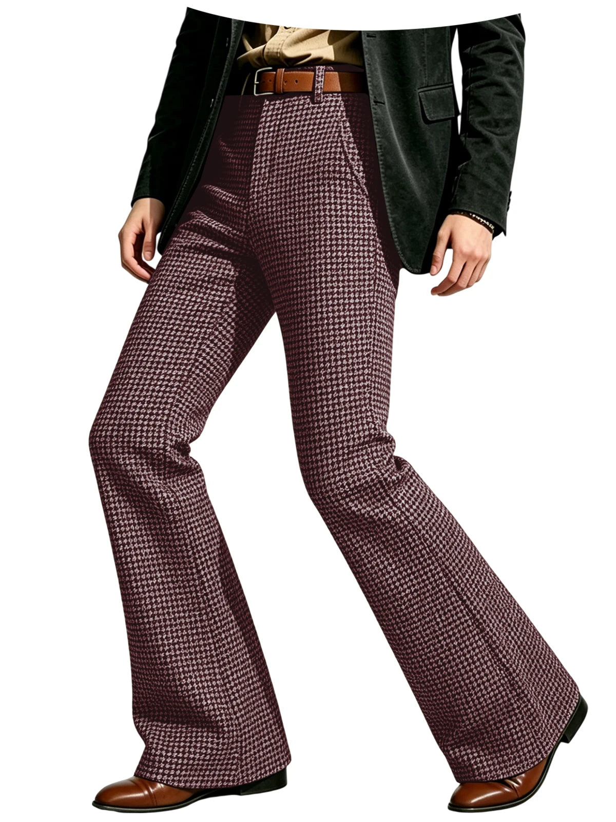 Houndstooth Patten Men Bell Bottom Pants Vintage Adjustable Waist Flared Trousers 60s70s Disco Man Slim Fit Pant For Dance Party