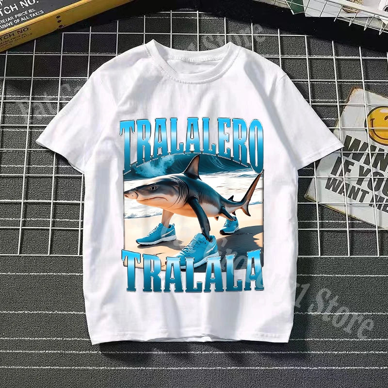 Tralalero Tralala Cotton T-shirt Kids Anime Tungtung Sahur Brainrot Tees Boy Girl Summer Short Sleeve Children Clothes Tops Gift