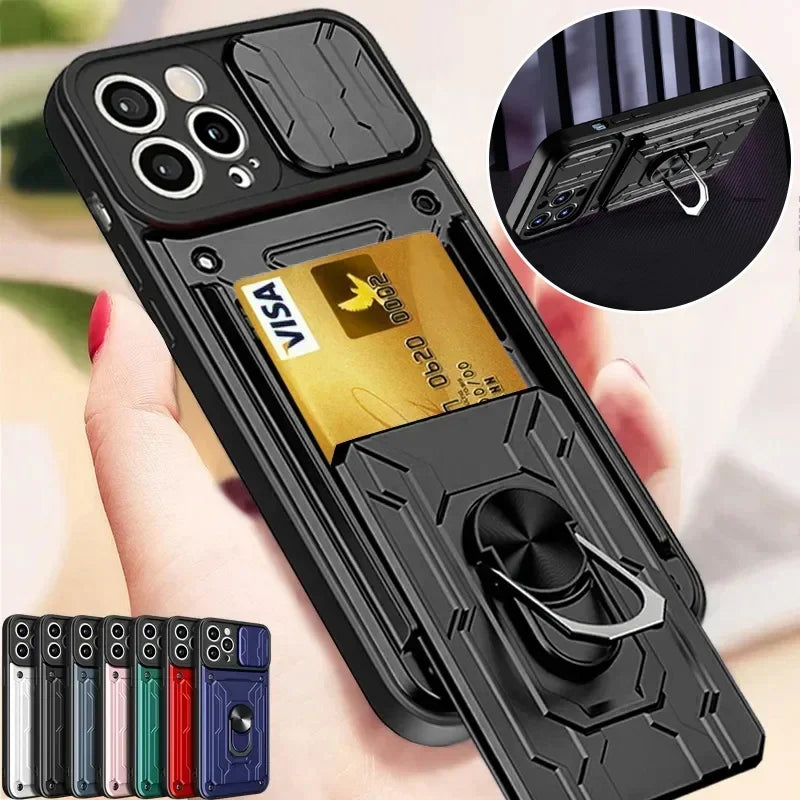 Luxury Shockproof Case For iPhone 17 16 15 14 13 Pro Max 12 11 XR X 8 7 Plus SE2/SE3 Rotation Metal Ring Stand And Card Slot