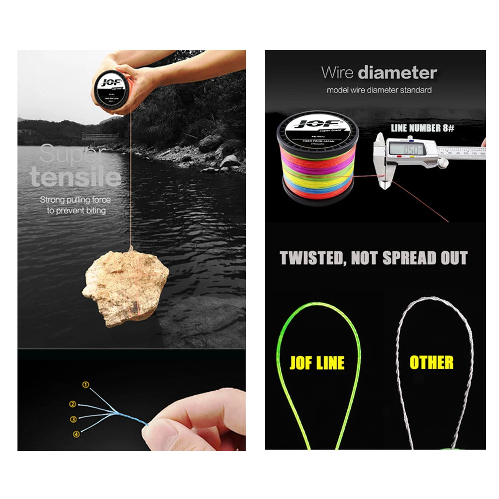 JOF PE Braided X4 Fishing Line, Abrasion Resist Durable Thin Fishing Line For Outdoor Fishing Accessories 300M 500M 1000M