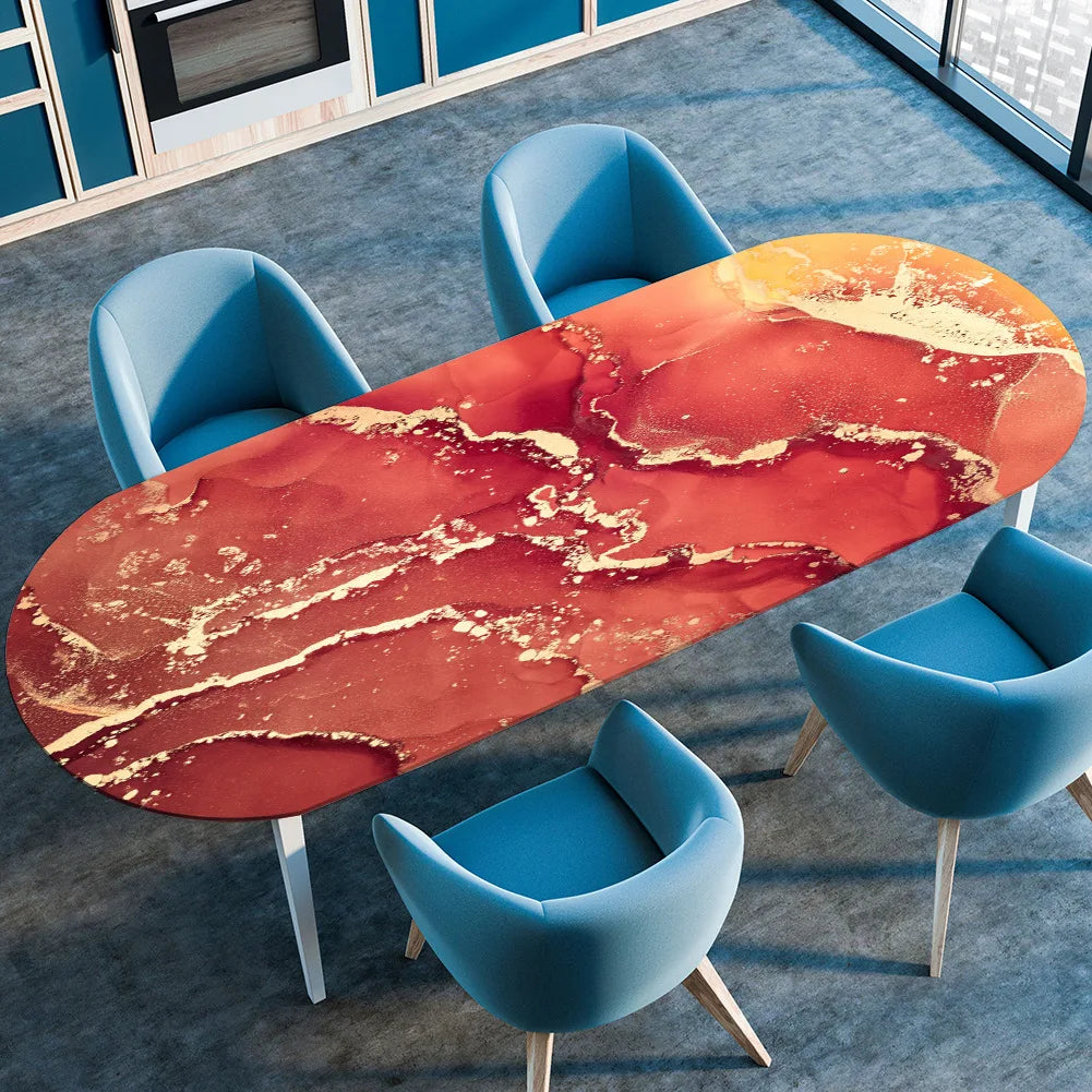 Marble Textured Printed Oval Tablecloth, Marble Style Tablecloth with Elastic Band and Edge Closure, Oval Table Cover