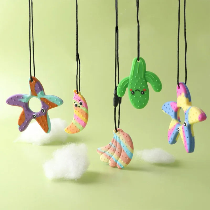 BPA Free Silicone Baby Teether Cartoon Newborn Sensory Chew Necklace Pendant Teething Toys for Autism ADHD Special Care Teethers