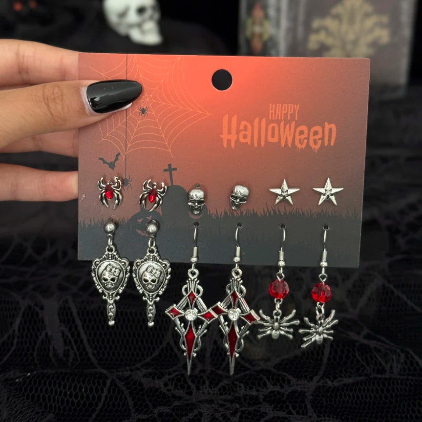Ingemark 6Pairs/Set Halloween Red Crystal Skull Spider Metal Drop Earrings for Women Goth Cross Rose Piercing Earrings Jewelry