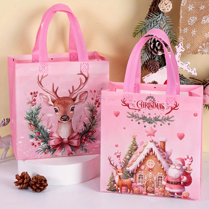 Pink Christmas Nonwoven Gift Tote Bags — 4 or 8 Pieces