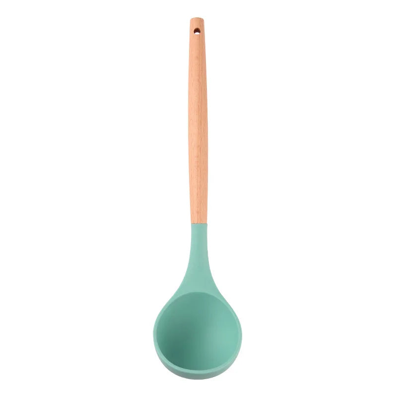 Silicone Soup Ladle Heat Resistant Ladle Spoons With Wood Handle Non-Stick Kitchen Cooking Spoon Serving Scoop For Sauce Soup