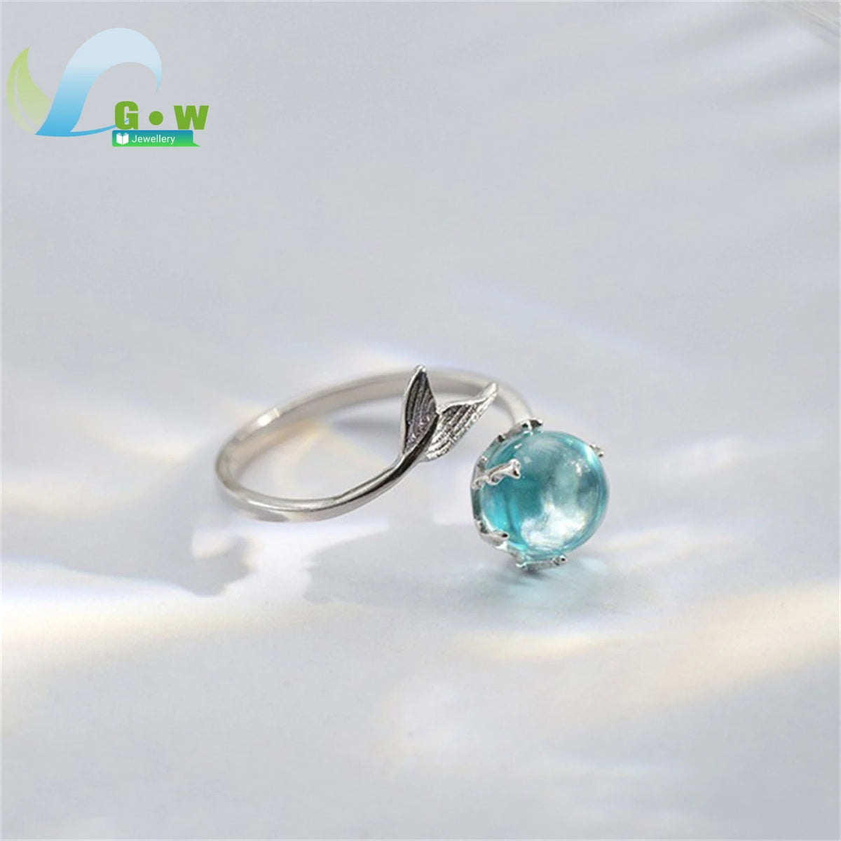 Mermaid Theme Adjustable Open Ring Blue Crystal Fish Tail Korean Minimalist Forest Style Stackable Finger Jewelry for Women Girl