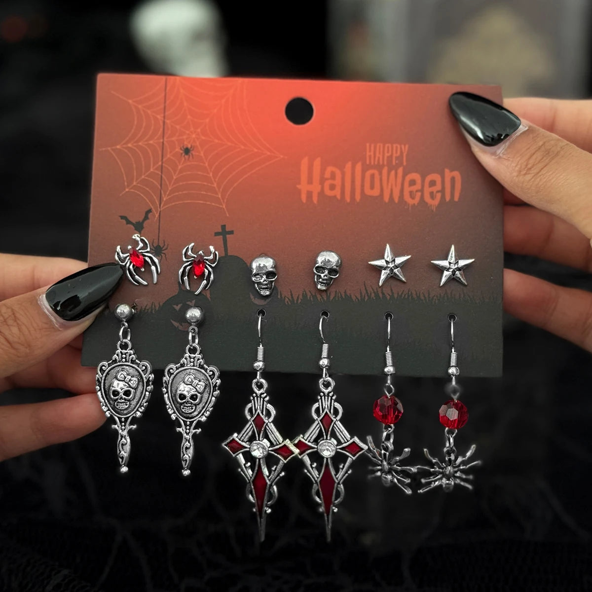 Ingemark 6Pairs/Set Halloween Red Crystal Skull Spider Metal Drop Earrings for Women Goth Cross Rose Piercing Earrings Jewelry