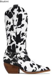 Cow Print Chunky Heel Western Boots