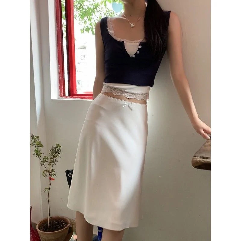 Deeptown Elegant White Women Satin Skirt Fairycore Ruffle Mid Skirts Coquette A-line Basic Casual Korean Style Summer Silk Skirt