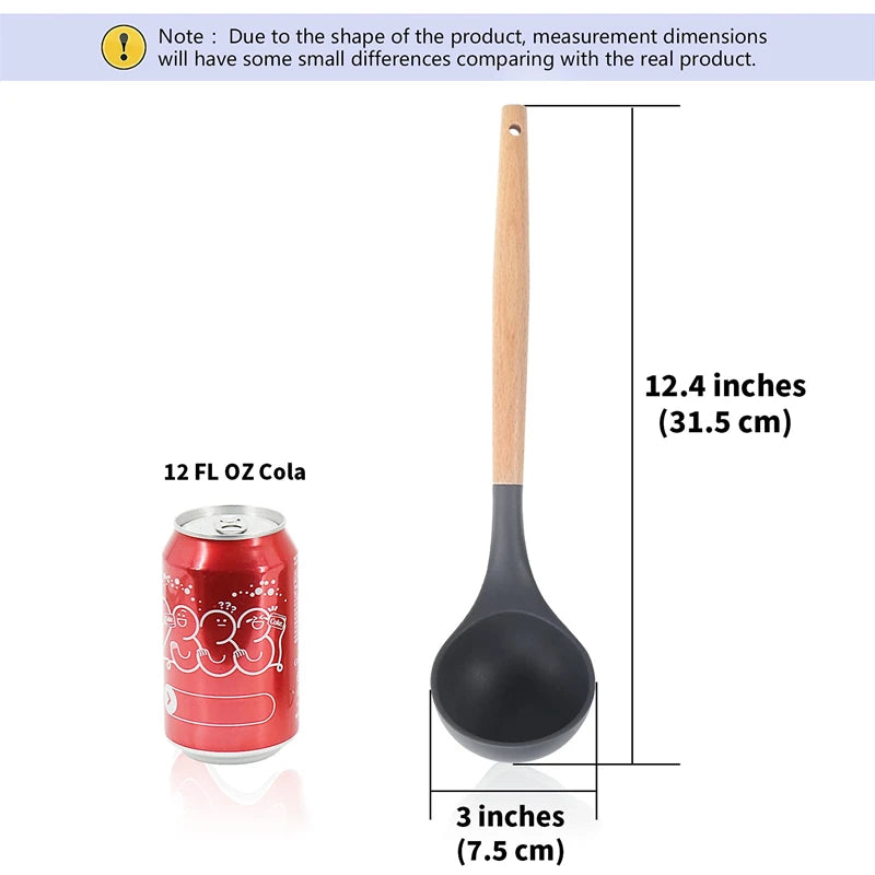 Silicone Soup Ladle Heat Resistant Ladle Spoons With Wood Handle Non-Stick Kitchen Cooking Spoon Serving Scoop For Sauce Soup