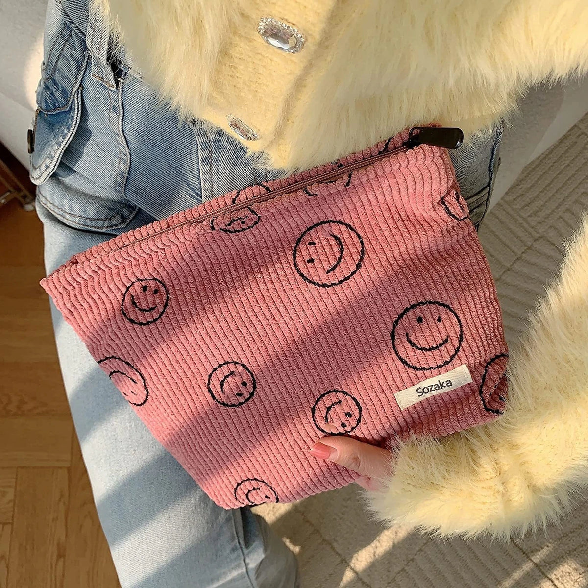 Corduroy Smile-Print Zipper Toiletry Pouch — 1 Piece