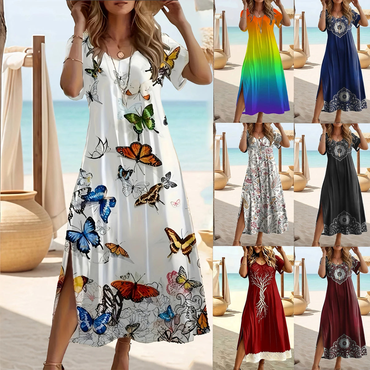 Elegant Summer Plus Size V-Neck Butterfly Print Dress - Split Hem Short Sleeve Women's Fashion