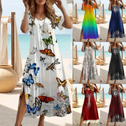 Elegant Summer Plus Size V-Neck Butterfly Print Dress - Split Hem Short Sleeve Women's Fashion