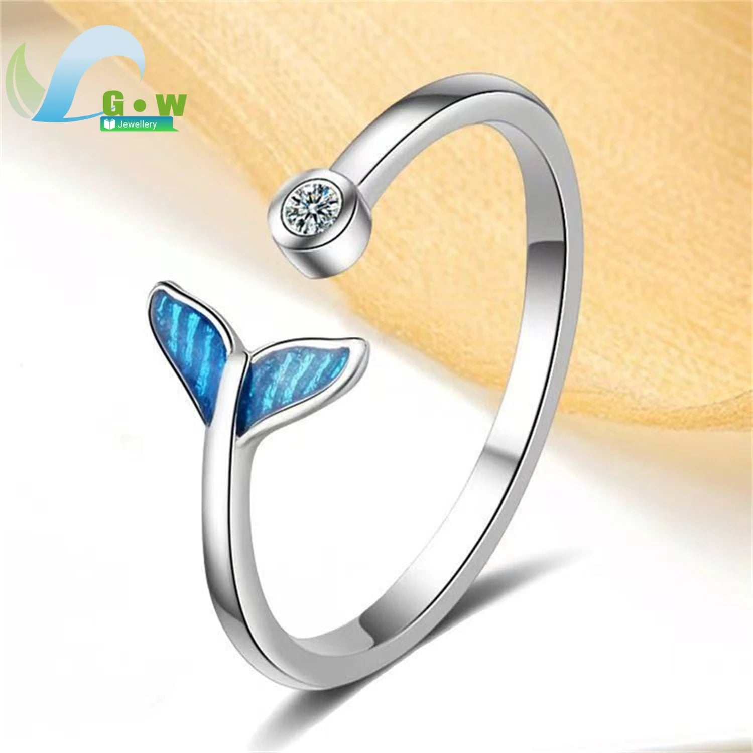 Mermaid Theme Adjustable Open Ring Blue Crystal Fish Tail Korean Minimalist Forest Style Stackable Finger Jewelry for Women Girl