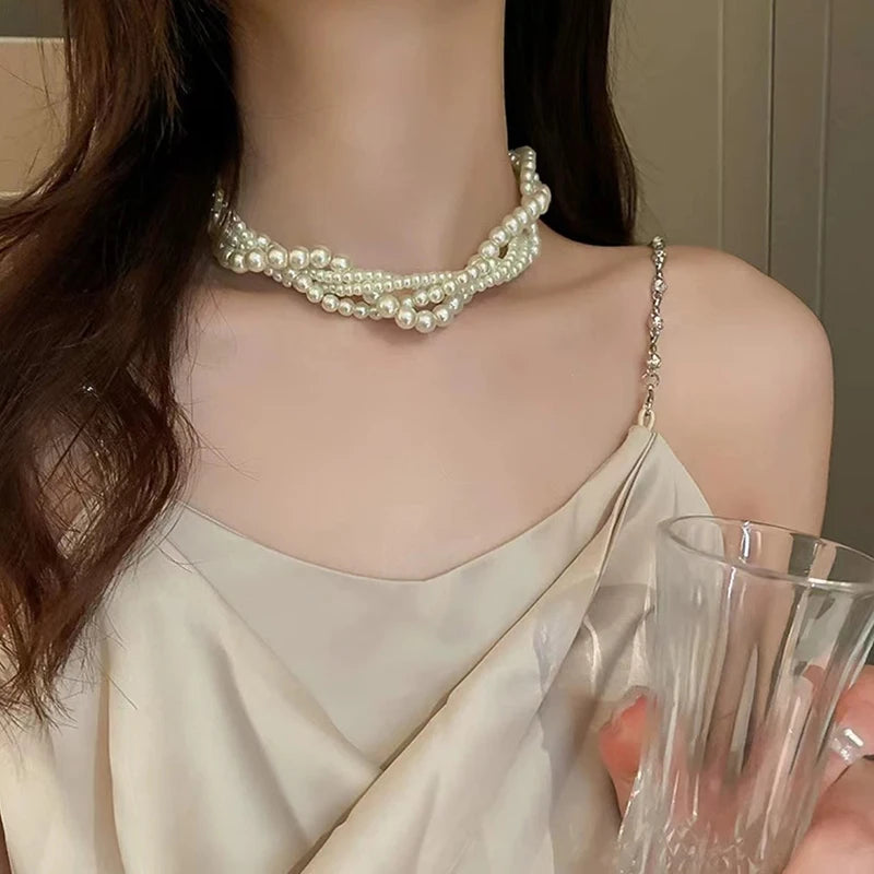 1Pc Twining Pearl Choker Necklaces For Women Geometric Necklaces Weddings Bride Jewelry Accessories