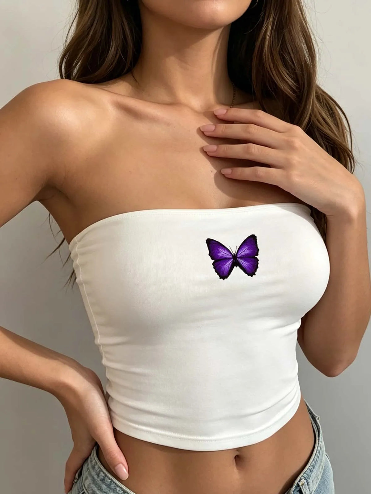 Lady's purple butterfly print strapless fitted sexy off-the-shoulder top, suitable for all seasons, a fashionable must-have item