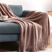 Acrylic Knit Throw Blanket with Tassels — Solid Colors, Three Sizes