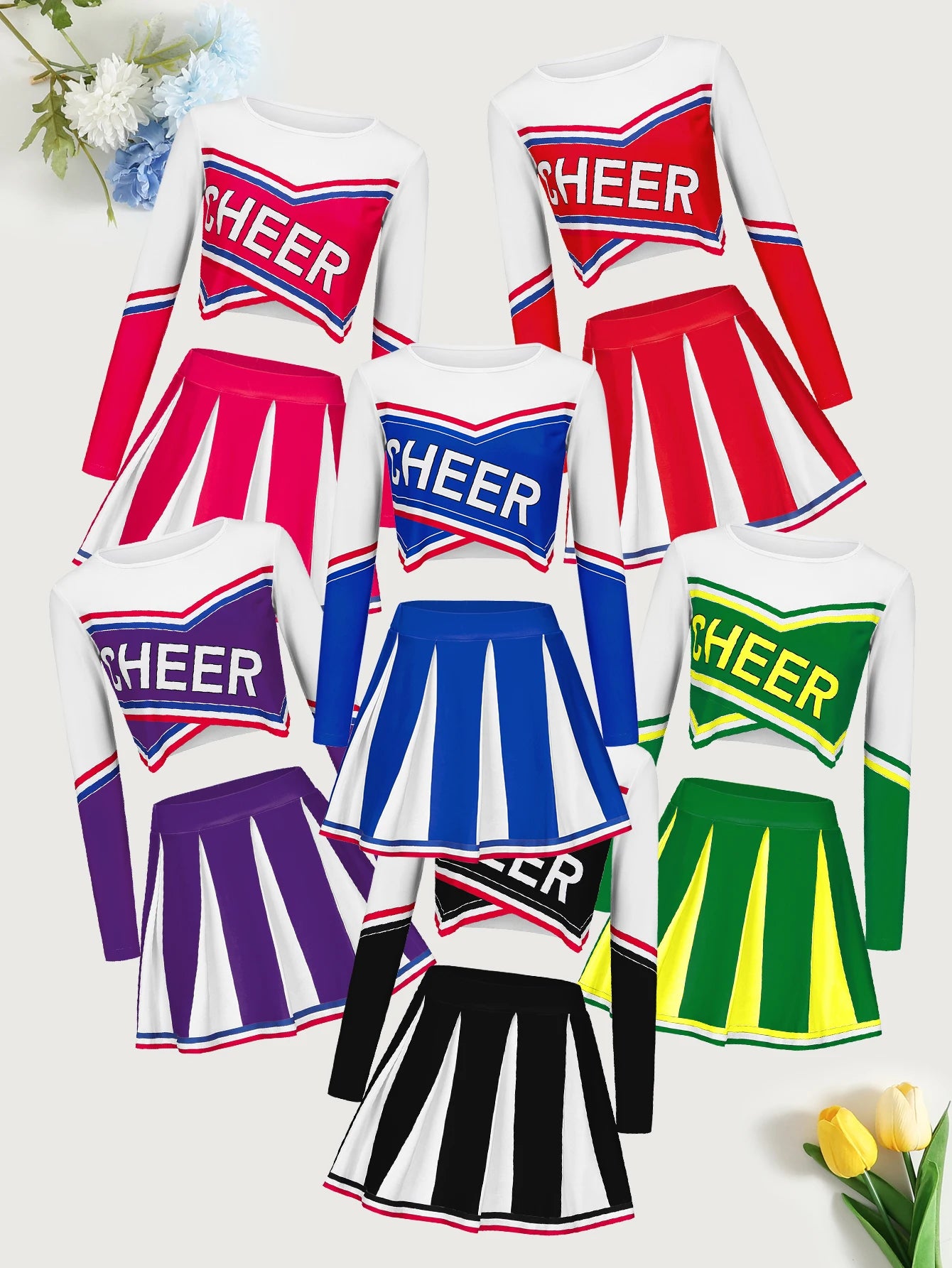 Girls Cheerleading Long Sleeved Skirt set Cute Sports Children's Pom-poms Performance Party Clothing Back To School Season