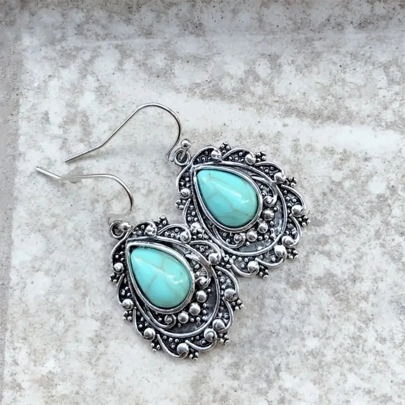2026 New European and American Pine Stone Eardrops for Women, Water Drop Art Retro Jewelry, Elegant Ethnic Style Fashion Jewelry